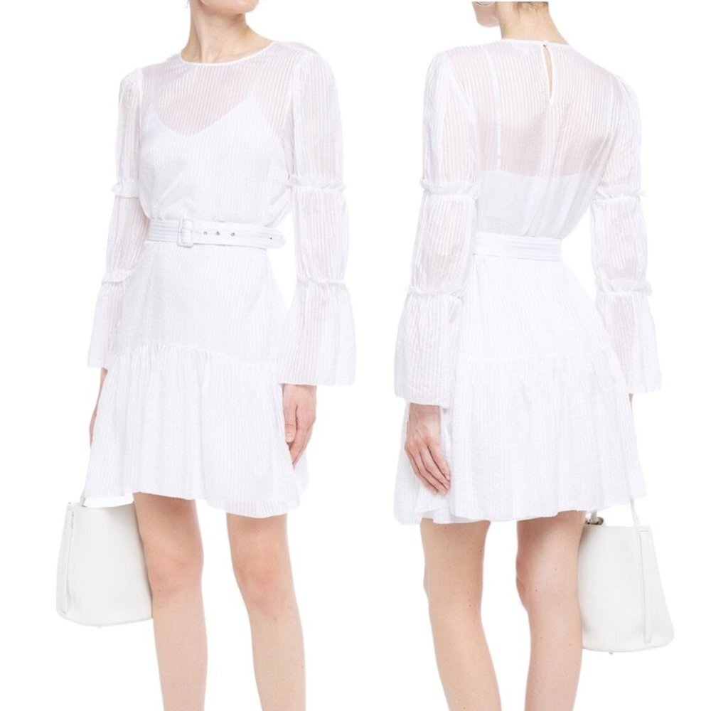CAMI NYC Shawn White Belted Cotton and Silk Jacquard tiered sleeve mini dress SP